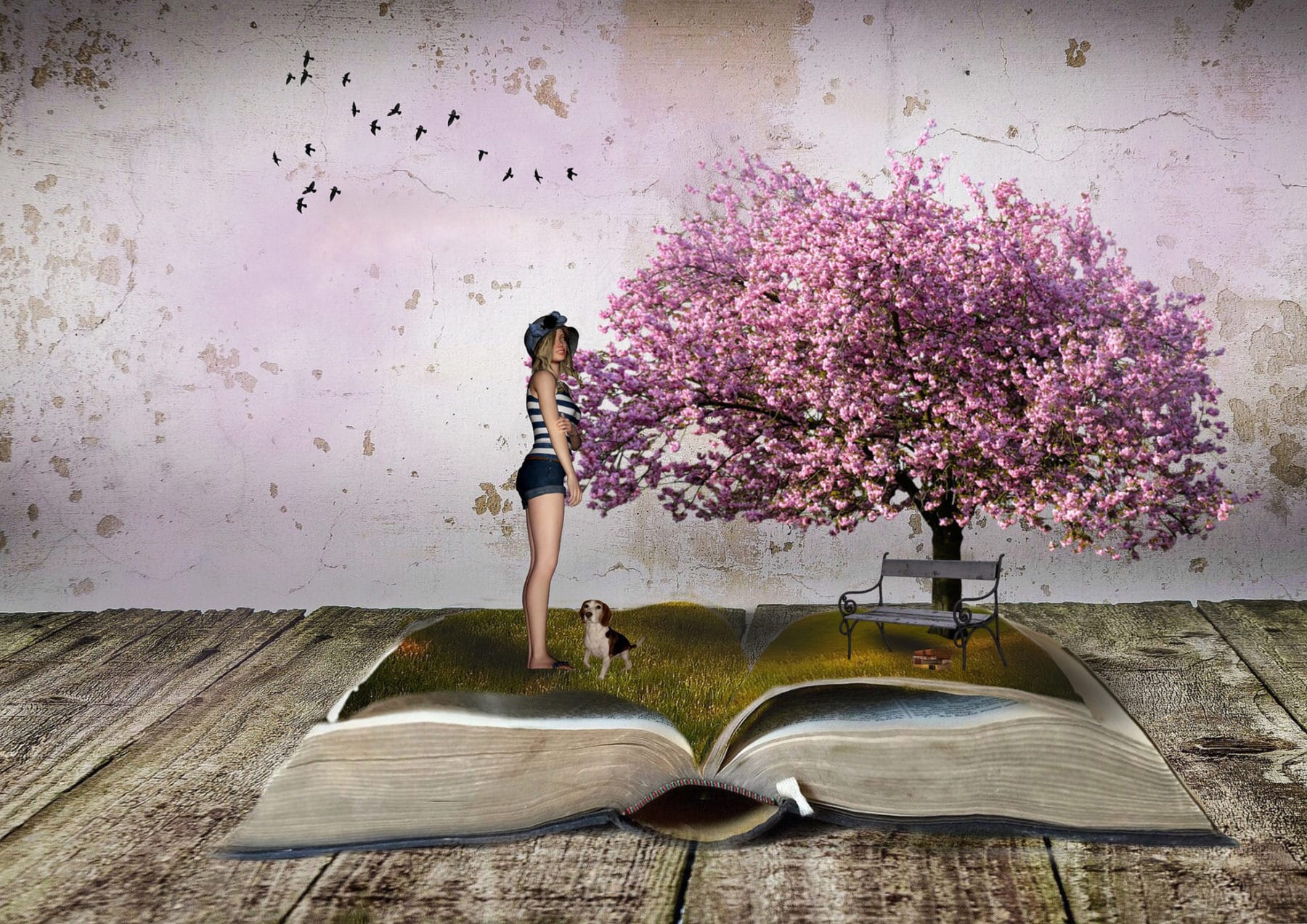 Ein Mädchen liegt in einer Märchenwelt steht auf einem großen Buch neben einem blühenden Kirschbaum und neben ihr ein Hund